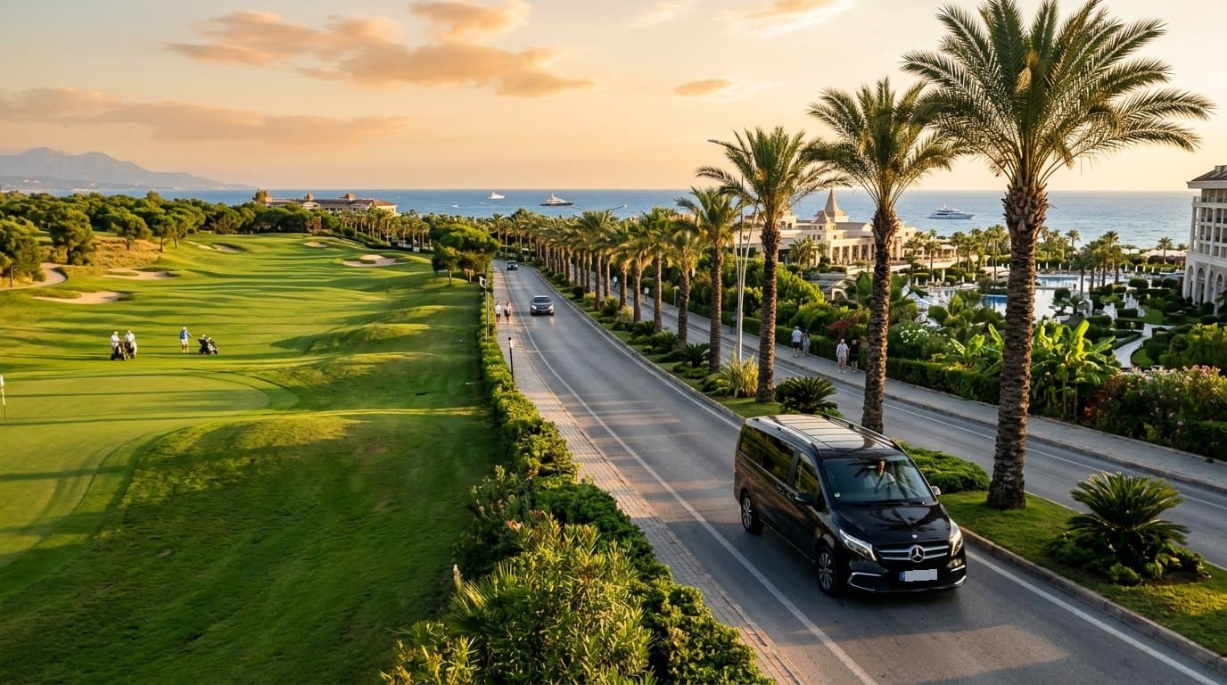 Schwarzer Mercedes-Van auf einer Palmenallee zwischen Golfplatz und Hotels in Belek