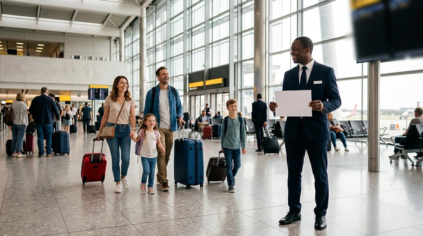Chauffeur with a name sign greeting a family in the arrivals hall