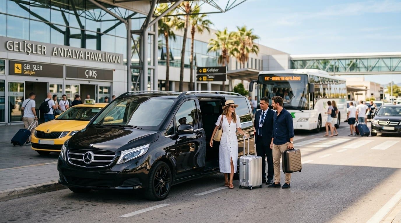 Schwarzer Mercedes Vito, Taxi und Shuttlebus vor der Ankunftsebene des Flughafens Antalya