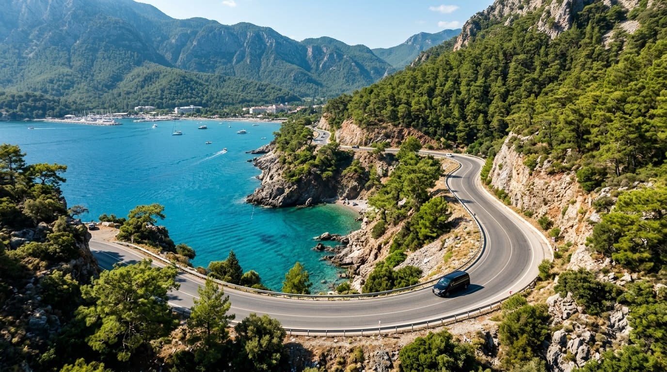 Küstenstraße zwischen Bergen und Meer bei Kemer mit schwarzem Transferfahrzeug
