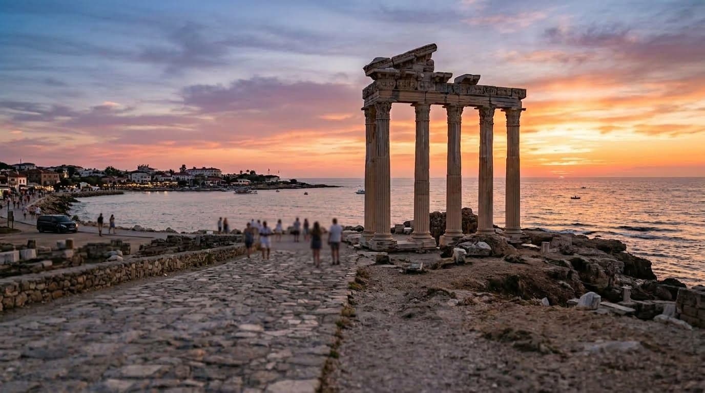 Die Säulen des Apollontempels in Side bei Sonnenuntergang am Meer