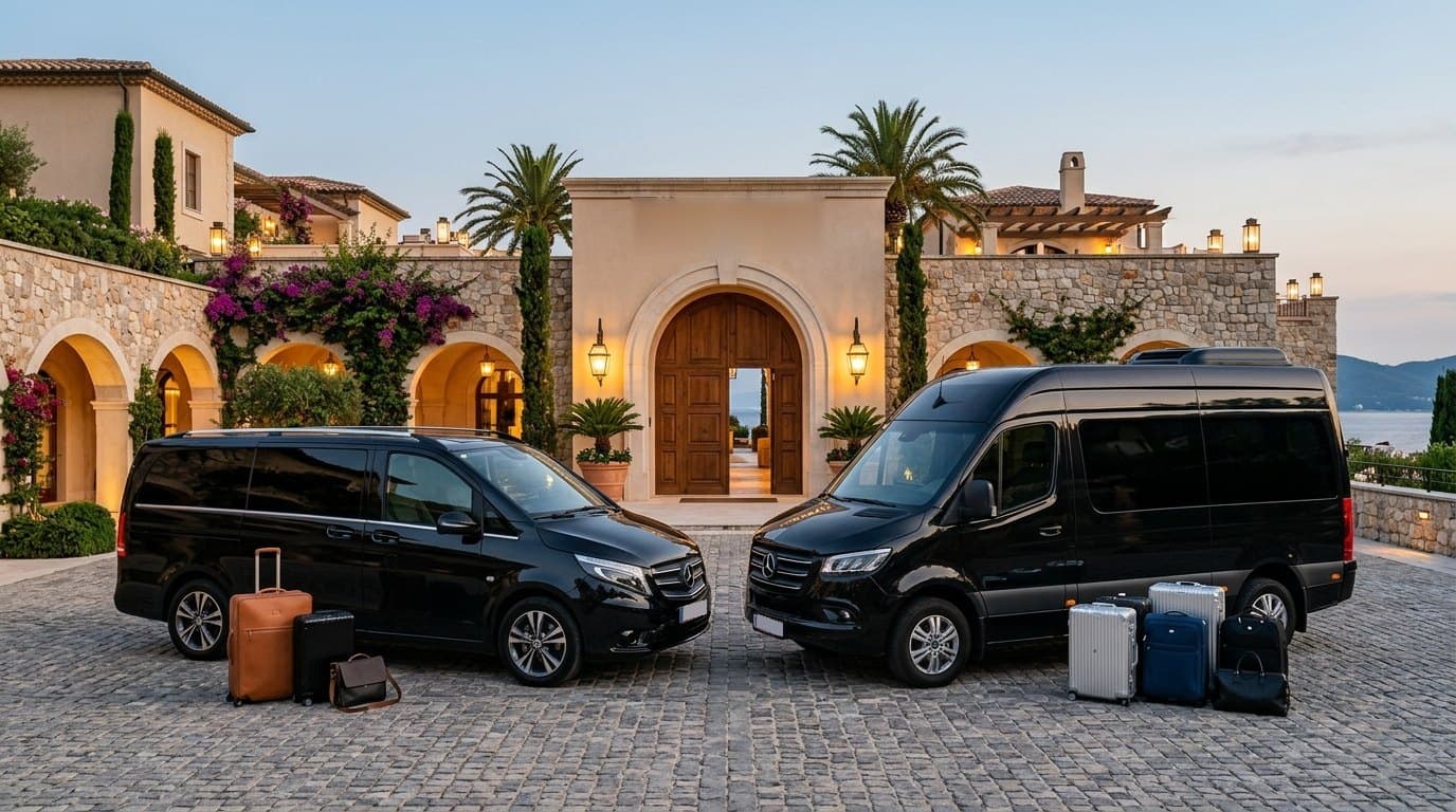 Schwarzer Mercedes Vito und Sprinter nebeneinander vor einem Hoteleingang, mit Gepäck