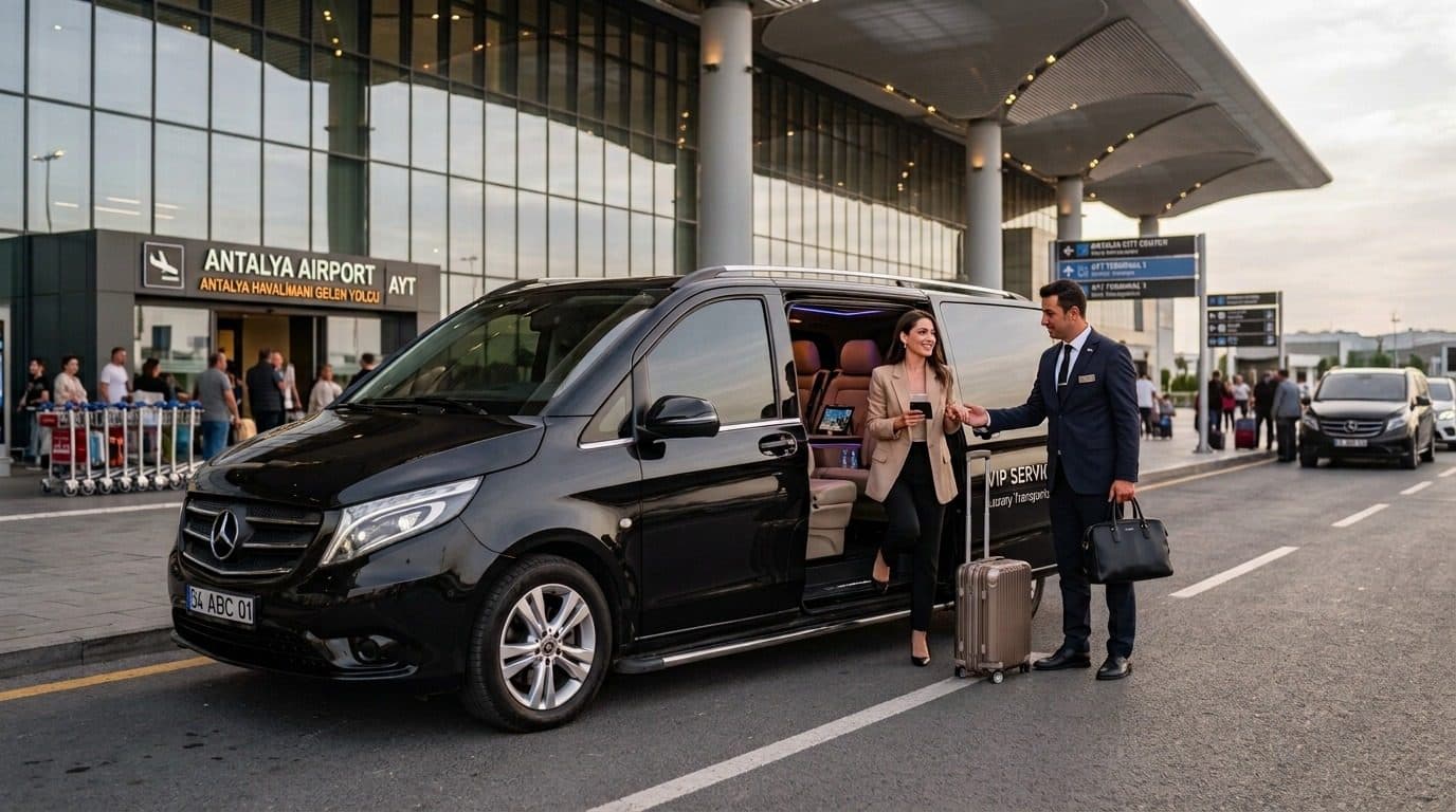 Antalya Havalimanı'nda şoför, misafiri siyah Mercedes Vito'ya karşılıyor